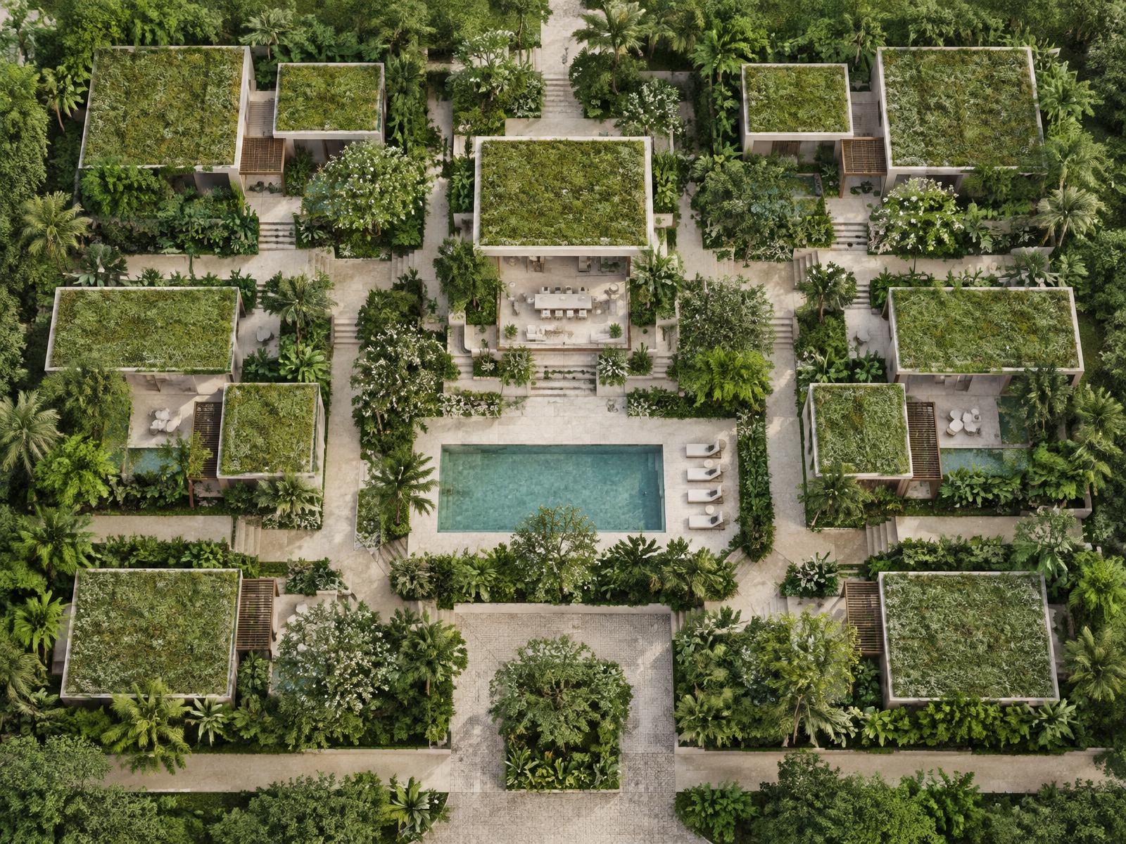 Concept visualisation seen from above: single-storey residences arranged around gardens, courtyards and a central shared pavilion.