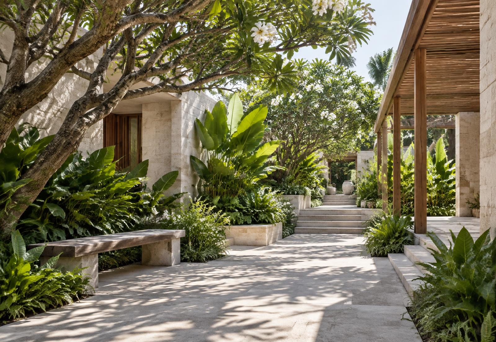 Concept visualisation: a shaded, level garden walkway between limestone walls and tropical planting.